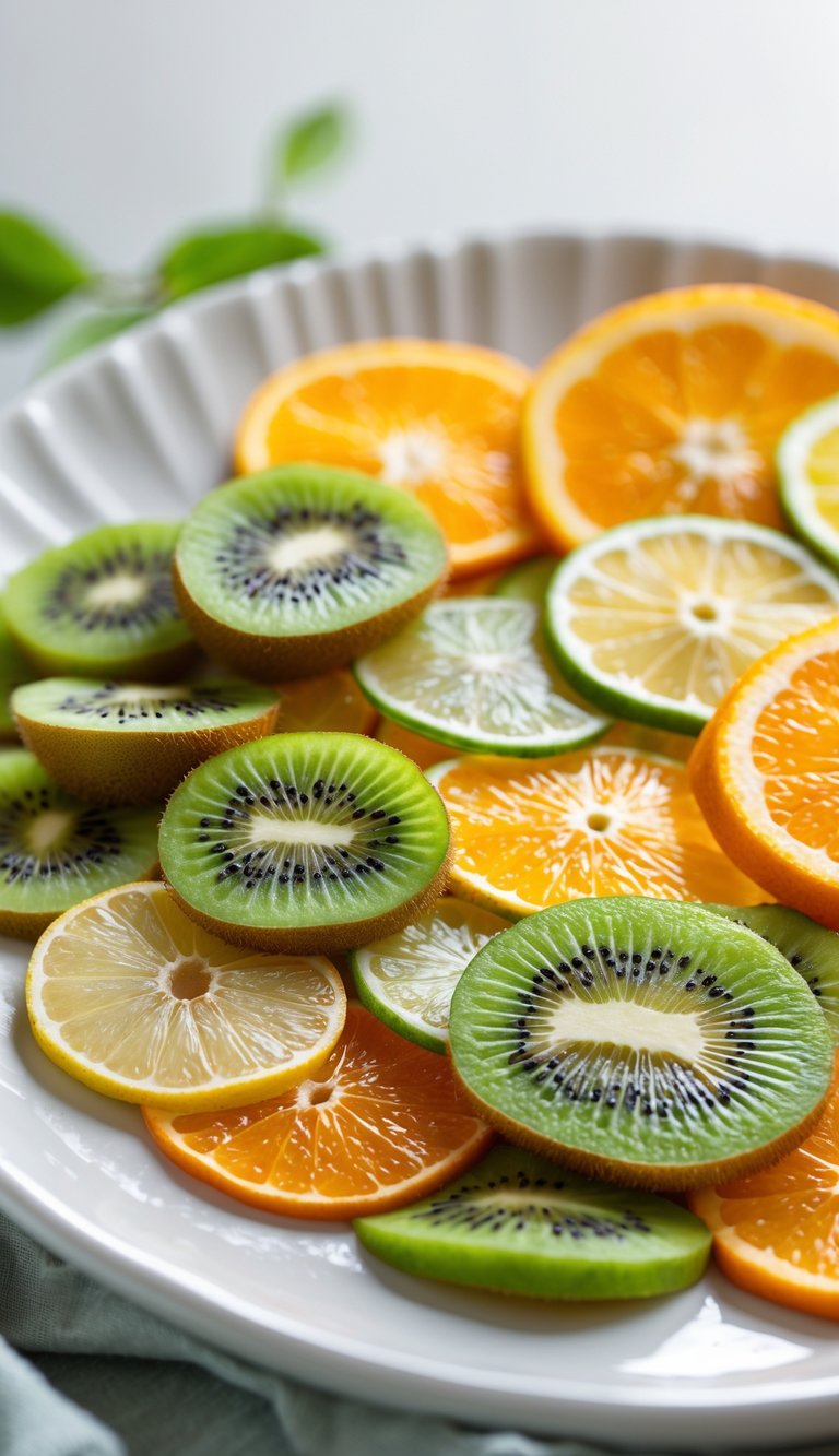 Close-up of a fruit platter with sliced kiwi and citrus wheels arranged on a white plate.