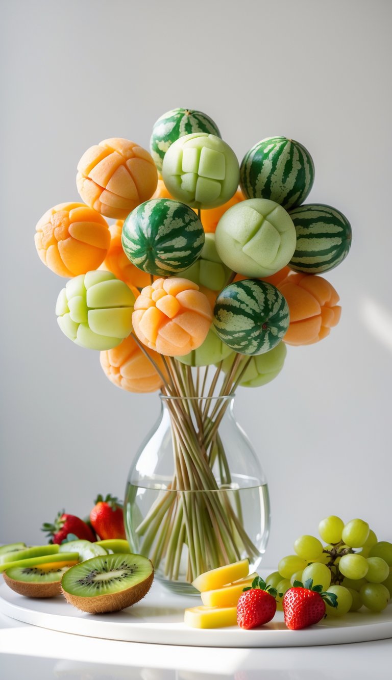 A melon ball bouquet arranged in a glass vase surrounded by a few sliced fruits on a white surface.
