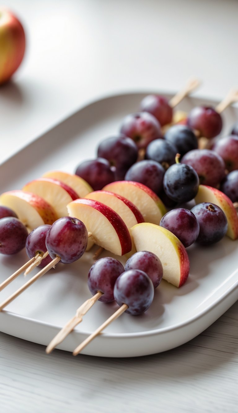 A platter with skewers of red apple slices and purple grapes arranged neatly on a light wooden surface.