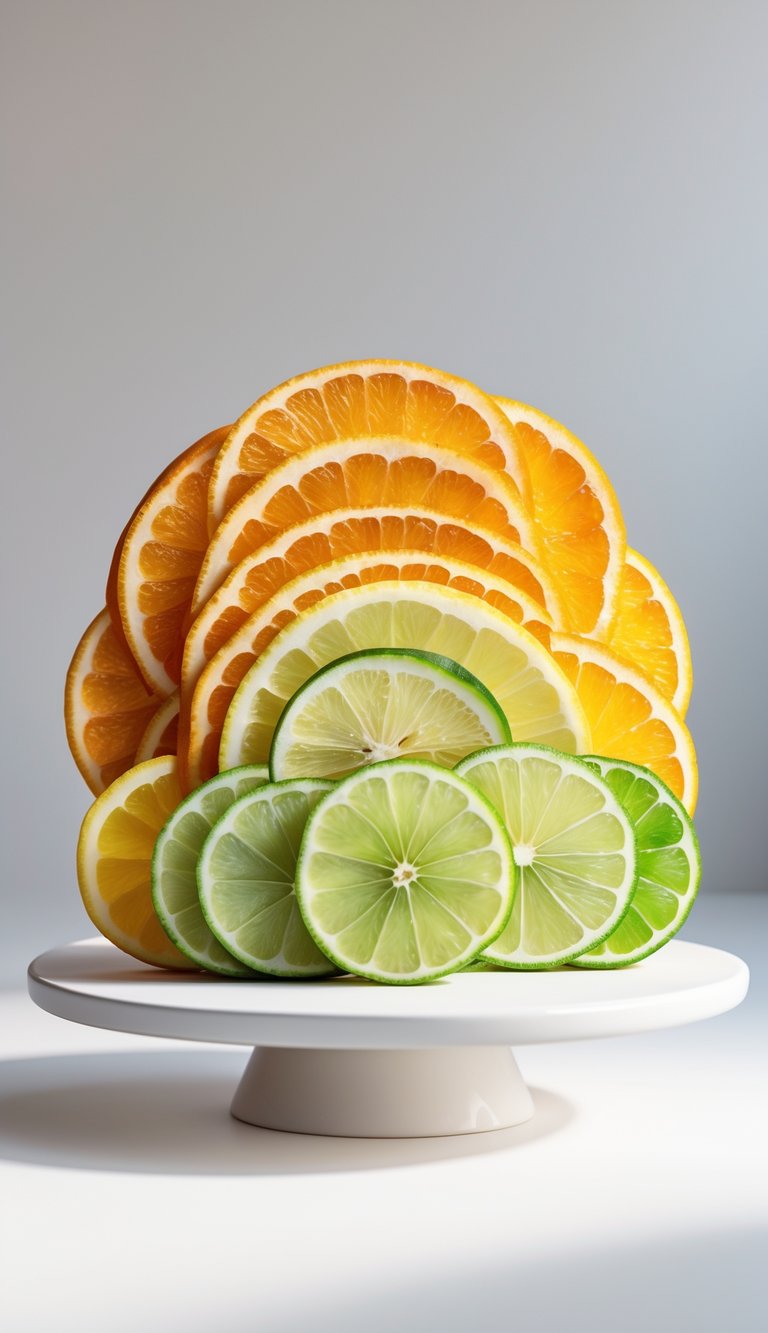 A white platter with thinly sliced oranges, lemons, and limes arranged in a layered fan pattern.
