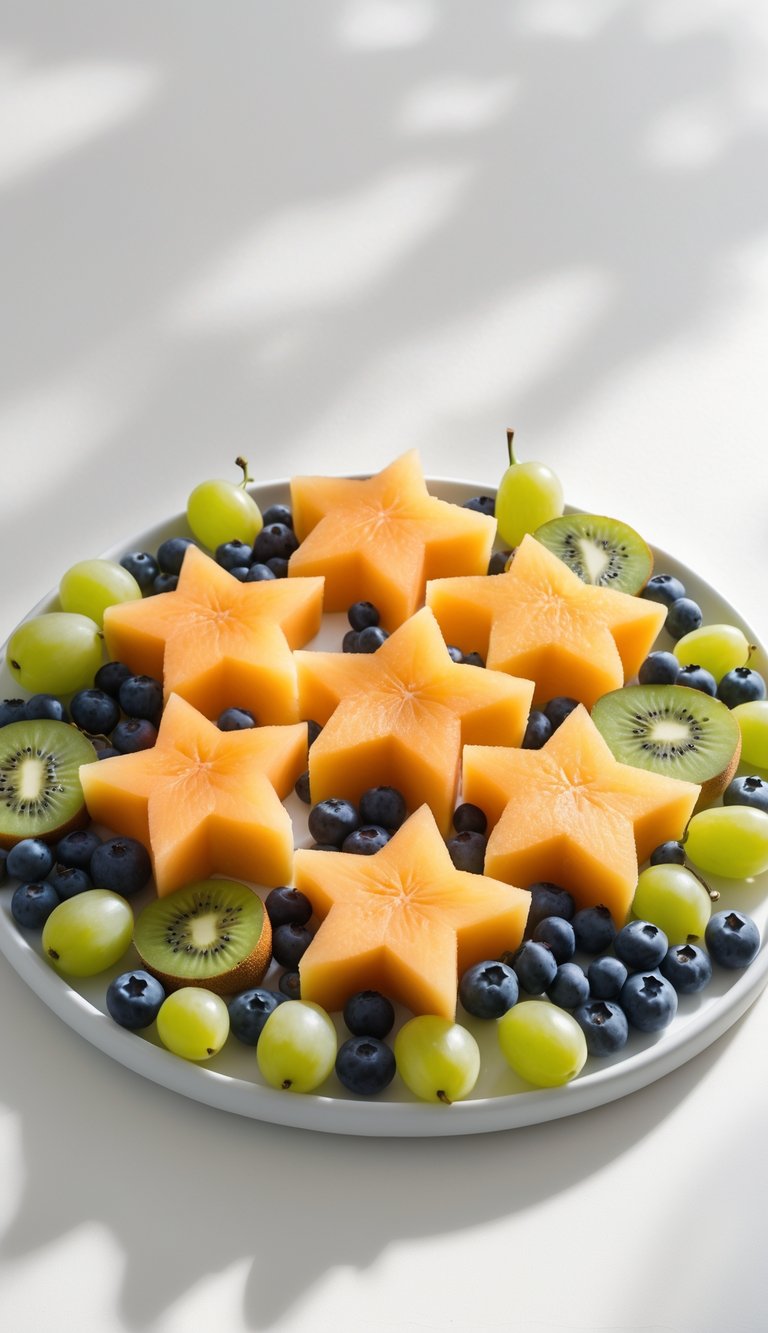 A neatly arranged fruit platter featuring star-shaped cantaloupe melon cuts surrounded by grapes, blueberries, and sliced kiwi on a white background.