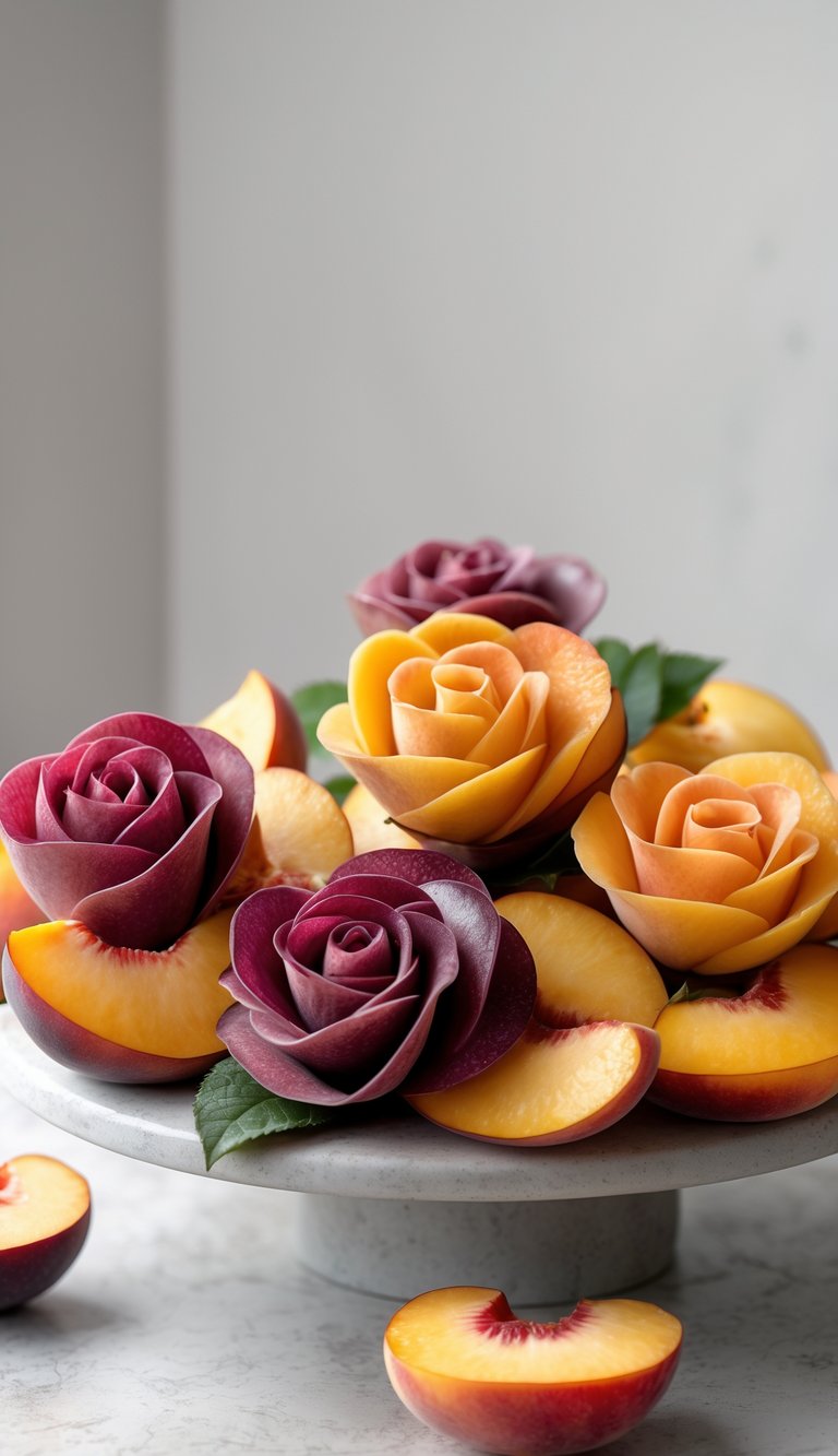 A fruit platter decorated with peach and plum slices arranged as roses on a clean background.
