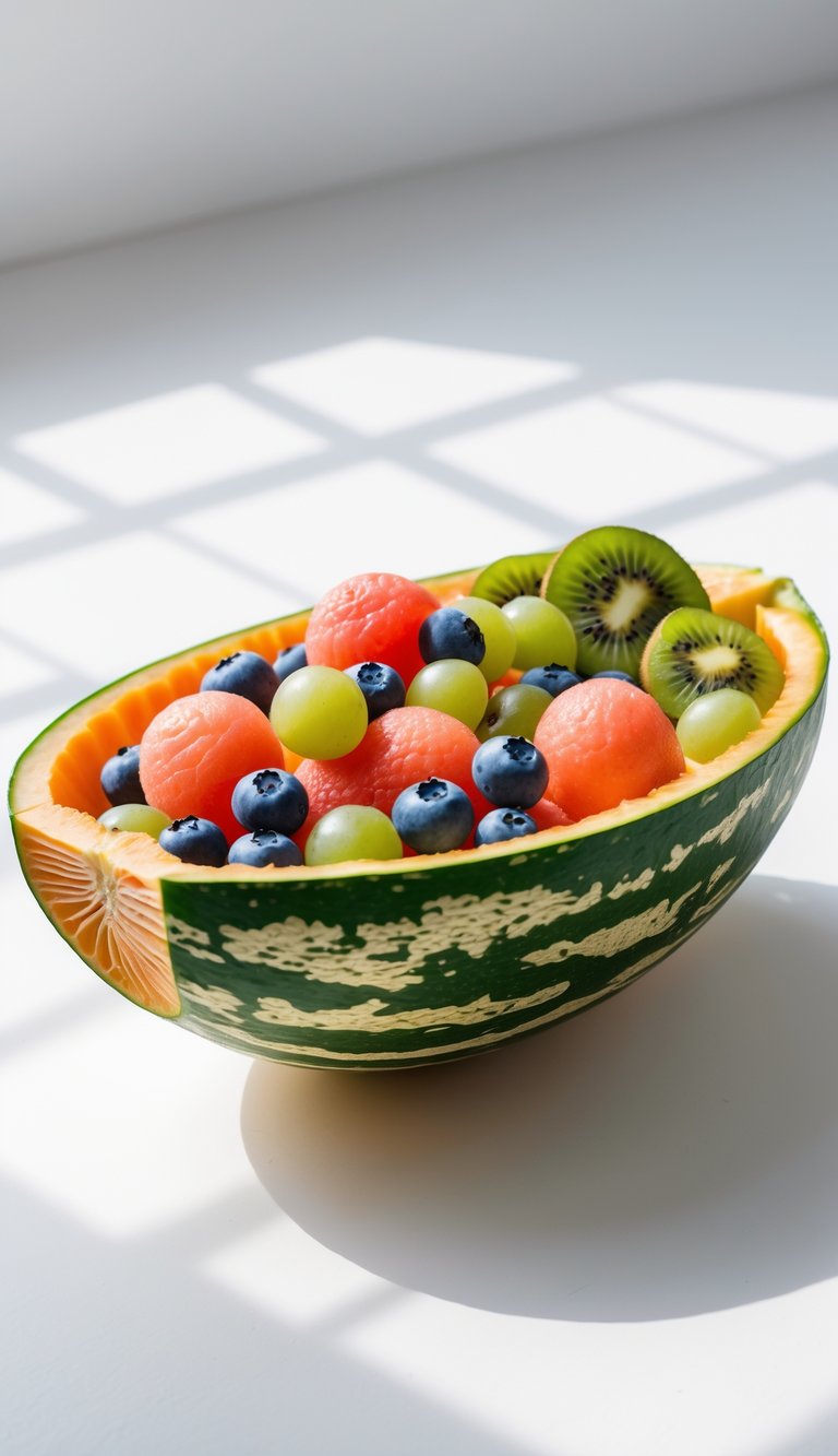 A cantaloupe shell carved like a boat filled with assorted fresh fruit pieces on a white background.