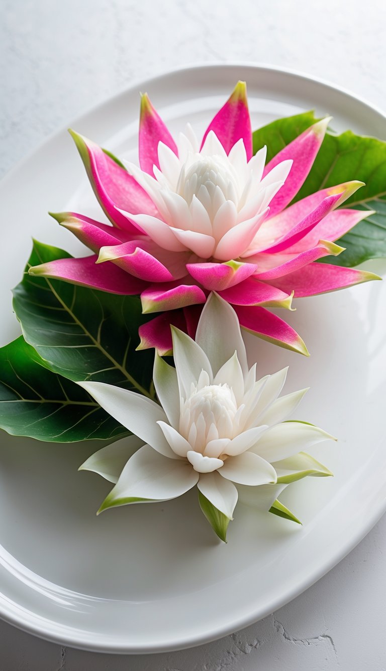 A white platter displaying artfully arranged dragon fruit flowers with green leaves on a clean background.