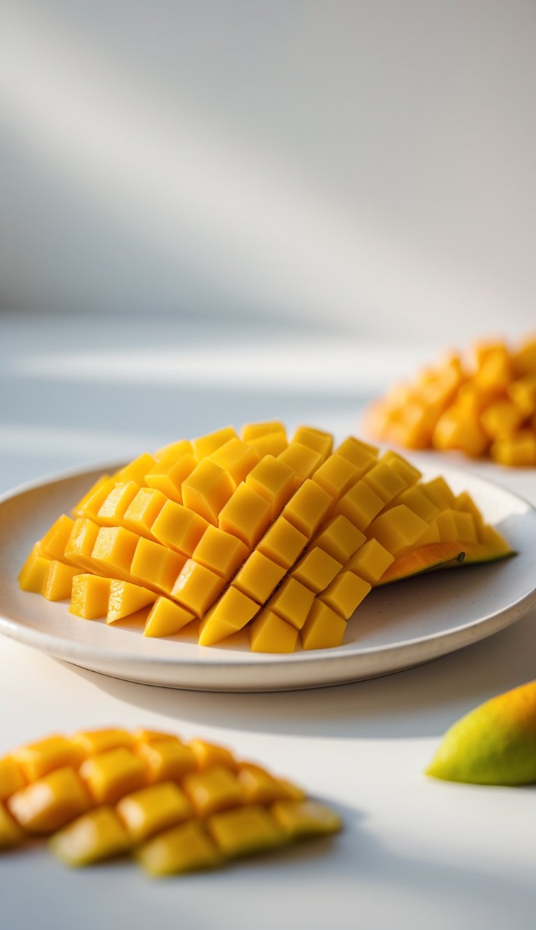 A white plate with neatly arranged slices of mango and papaya forming a geometric pattern on a clean surface.