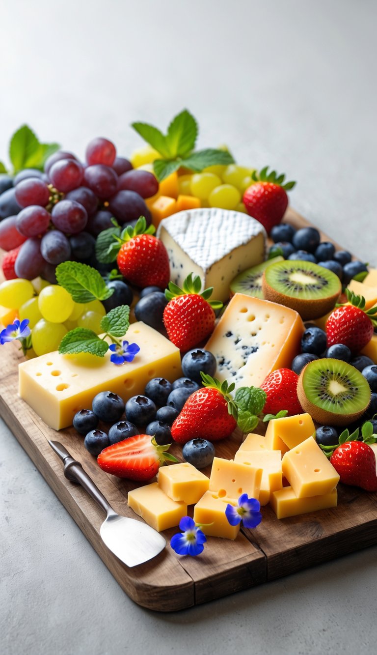 A wooden board with an artfully arranged assortment of fresh fruits and various cheeses.