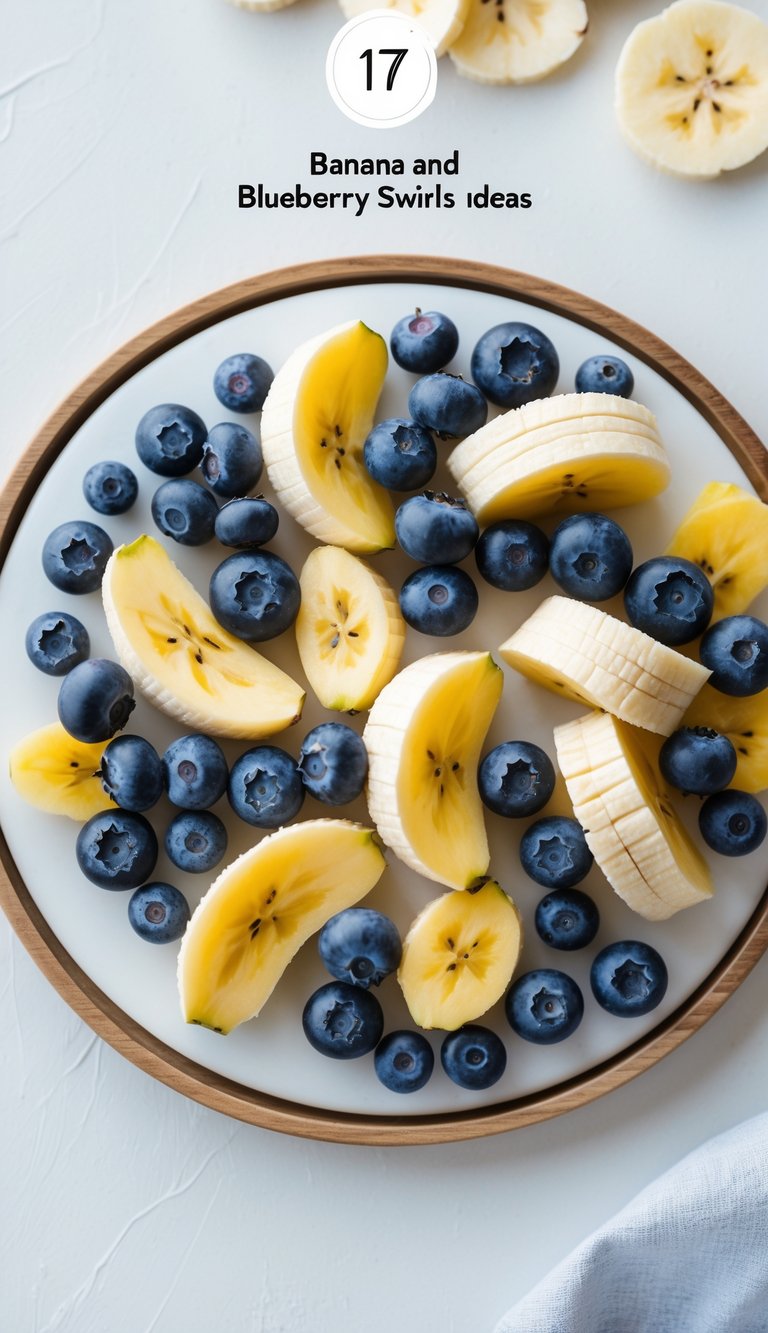 A wooden platter with thinly sliced bananas arranged in swirls and fresh blueberries placed between the banana slices.