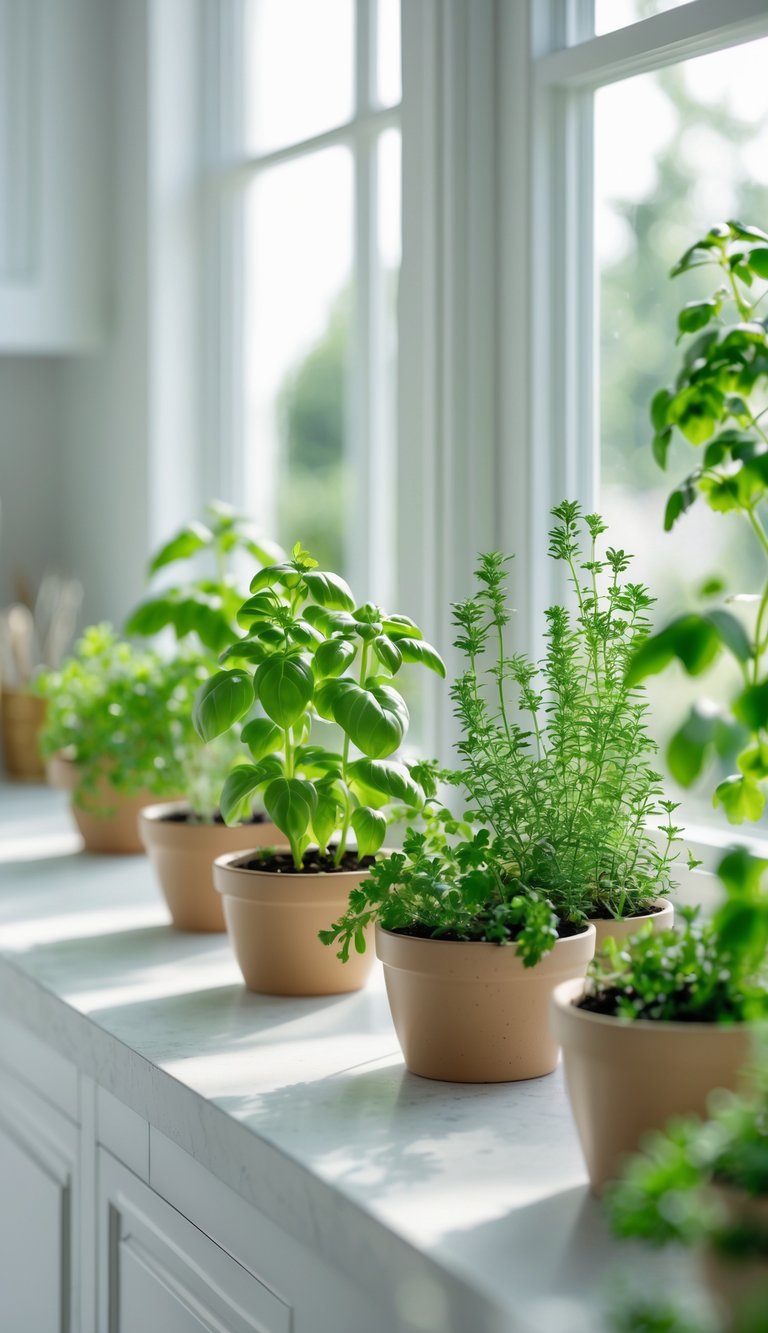 Indoor Kitchen Plants Ideas to Brighten and Freshen Your Space 2 A kitchen windowsill with several small pots of fresh indoor herbs including basil, rosemary, thyme, and parsley.