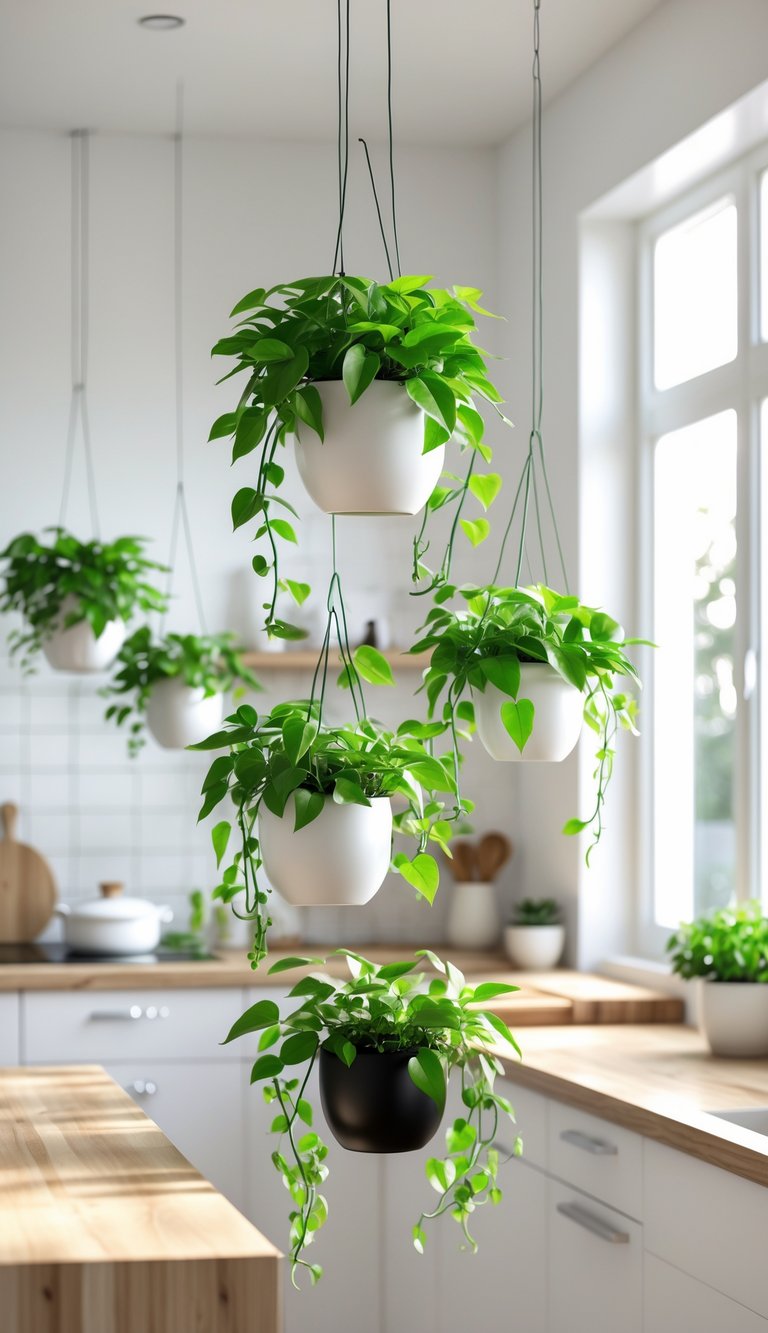 Indoor Kitchen Plants Ideas to Brighten and Freshen Your Space 3 A kitchen with several hanging pothos plants in white and black pots near a window.