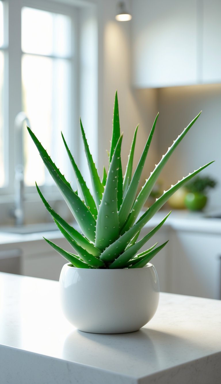 Indoor Kitchen Plants Ideas to Brighten and Freshen Your Space 4 A green aloe vera plant in a white pot on a kitchen countertop with a blurred background.