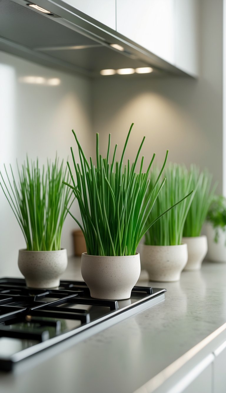 Indoor Kitchen Plants Ideas to Brighten and Freshen Your Space 5 Close-up of small chive pots placed near a stove on a kitchen countertop.