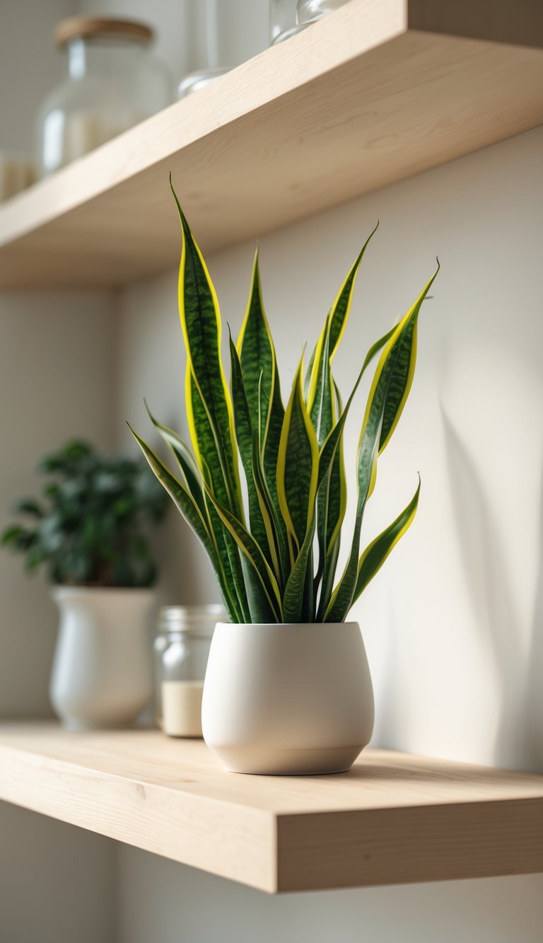 Indoor Kitchen Plants Ideas to Brighten and Freshen Your Space 6 A snake plant with tall green leaves on a light wood kitchen shelf, surrounded by a few kitchen items.