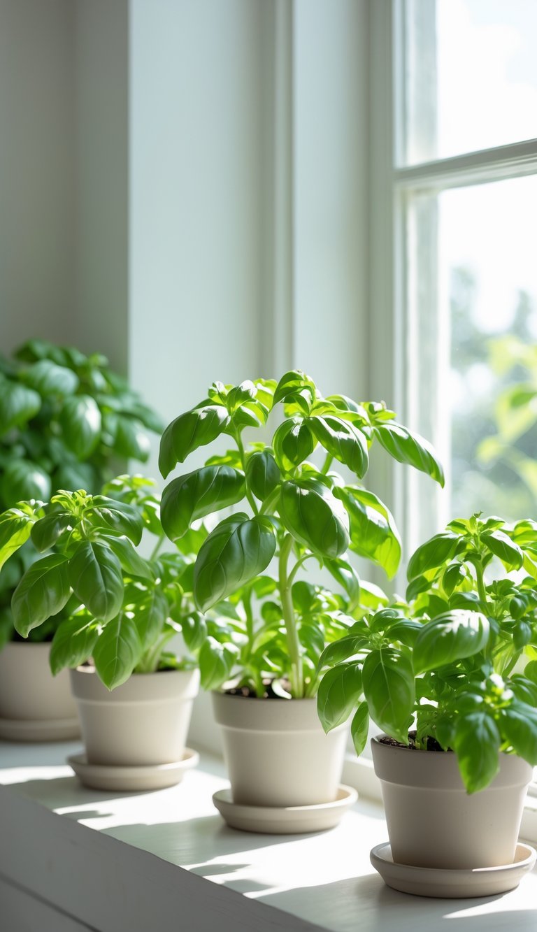 Indoor Kitchen Plants Ideas to Brighten and Freshen Your Space 7 Several basil plants in pots on a sunny windowsill with natural light.