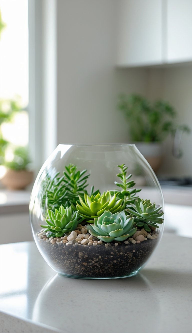 Indoor Kitchen Plants Ideas to Brighten and Freshen Your Space 8 A clear glass terrarium filled with various succulents sitting on a kitchen countertop.