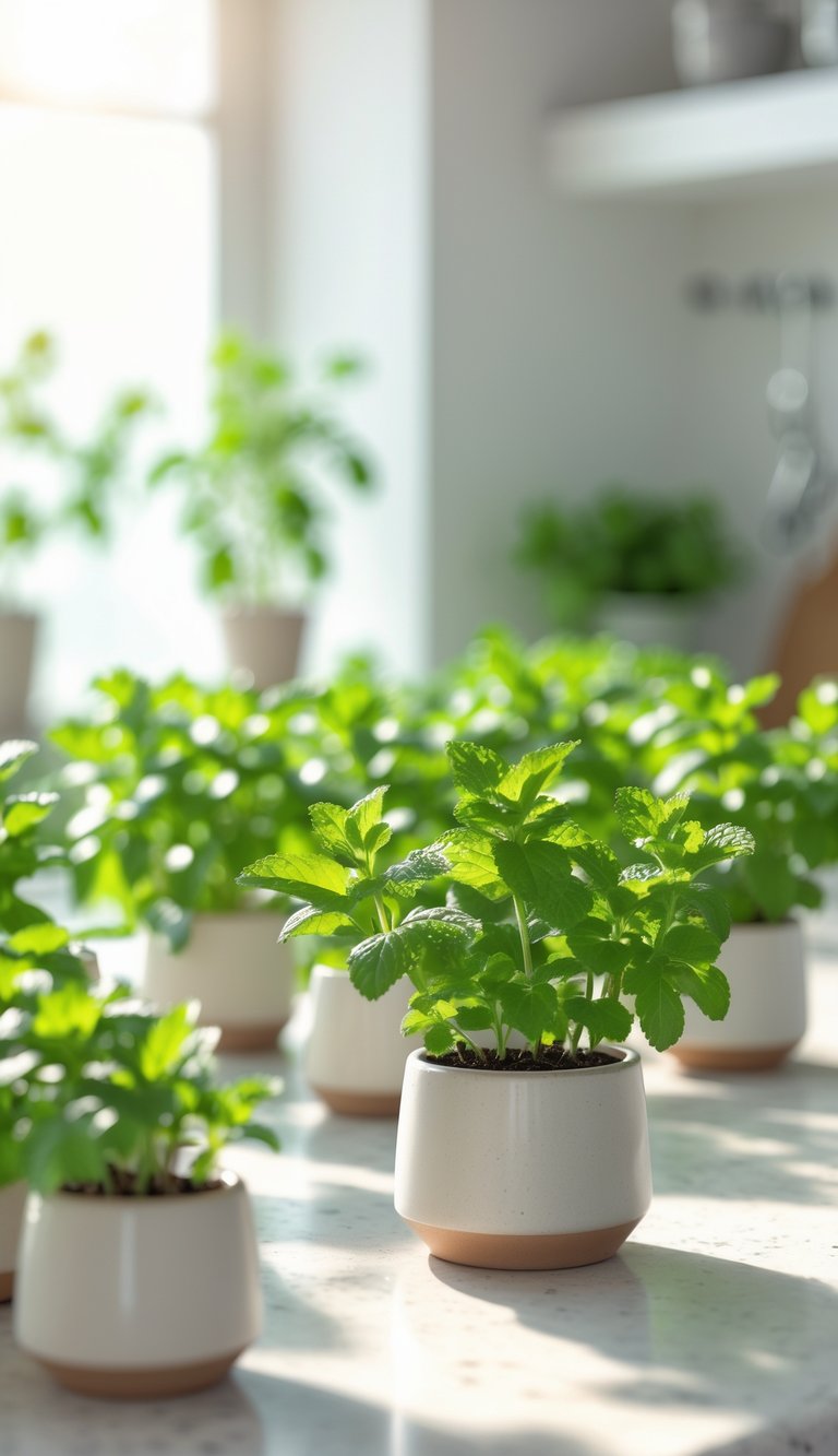 Indoor Kitchen Plants Ideas to Brighten and Freshen Your Space 9 Fresh mint plants growing in small ceramic pots on a kitchen countertop.