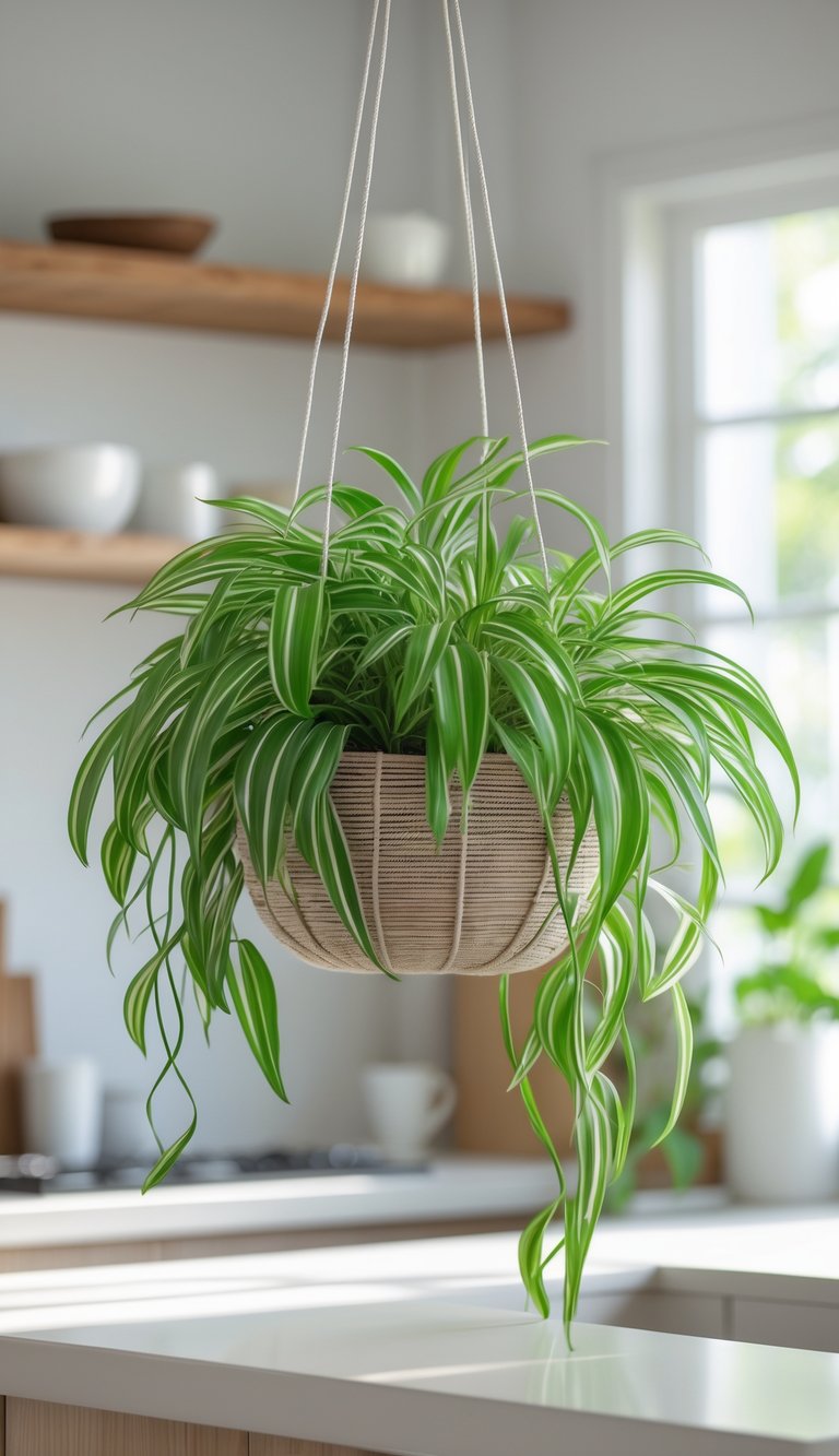Indoor Kitchen Plants Ideas to Brighten and Freshen Your Space 10 A spider plant with green and white leaves hanging in a basket in a bright kitchen.