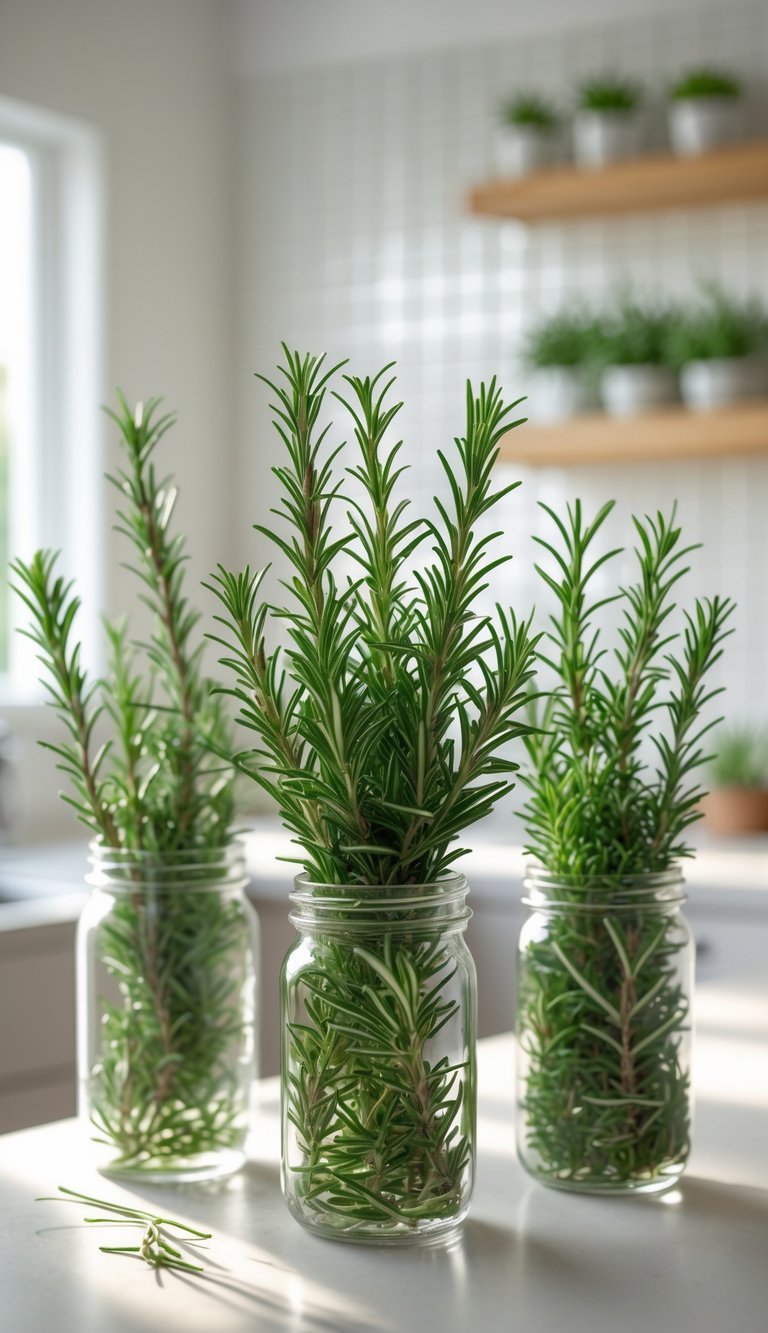 Indoor Kitchen Plants Ideas to Brighten and Freshen Your Space 11 Fresh rosemary sprigs in clear glass jars on a kitchen countertop with a blurred indoor kitchen background.