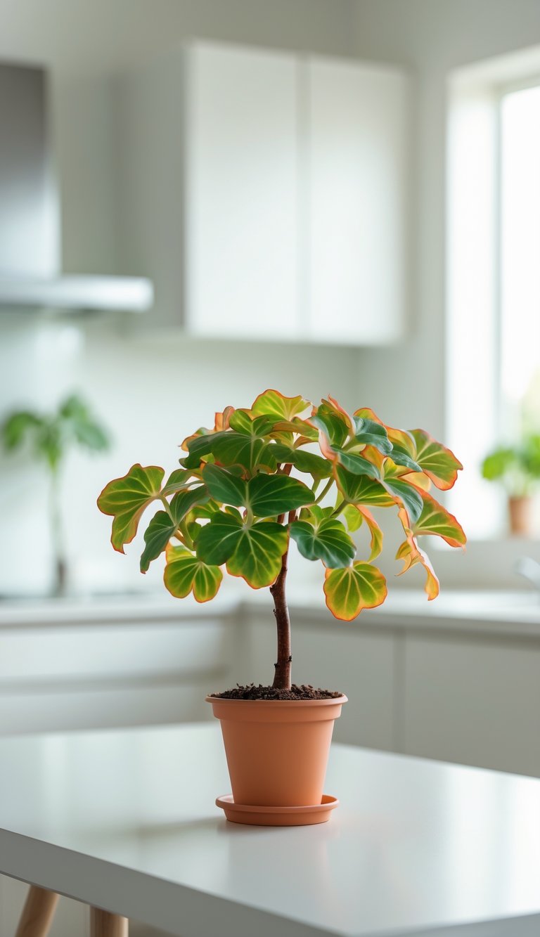 Indoor Kitchen Plants Ideas to Brighten and Freshen Your Space 12 A begonia plant on a kitchen table with a blurred modern kitchen background.