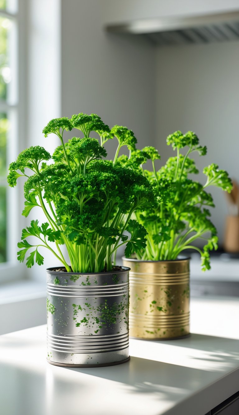 Indoor Kitchen Plants Ideas to Brighten and Freshen Your Space 13 Fresh parsley plants growing indoors in recycled containers on a white kitchen countertop.