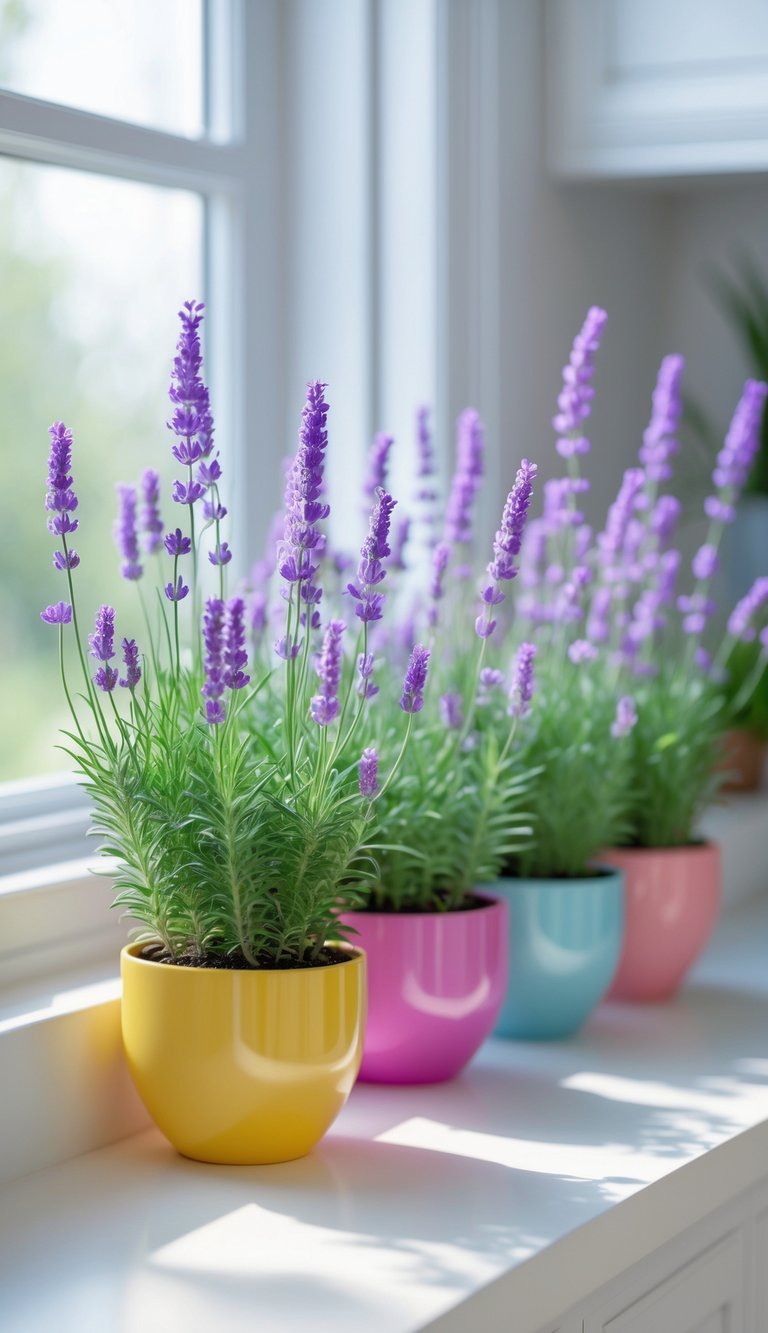 Indoor Kitchen Plants Ideas to Brighten and Freshen Your Space 14 Bright lavender plants in colorful pots on a kitchen windowsill with soft natural light.