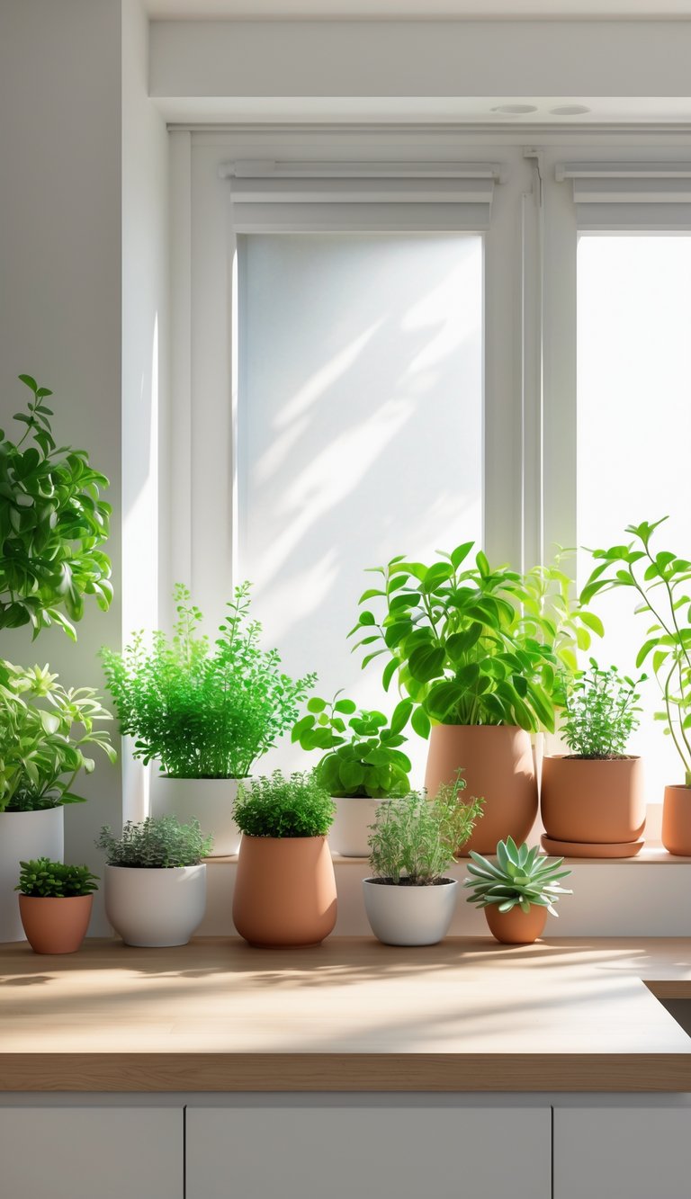 Indoor Kitchen Plants Ideas to Brighten and Freshen Your Space 15 A modern kitchen countertop and windowsill filled with various indoor kitchen plants in pots, illuminated by natural daylight.