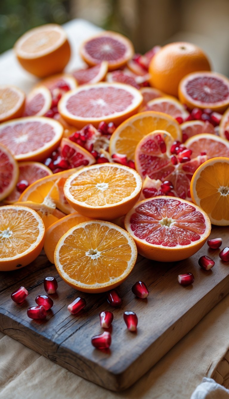A platter with sliced oranges, grapefruit, and scattered pomegranate seeds arranged on a wooden board.