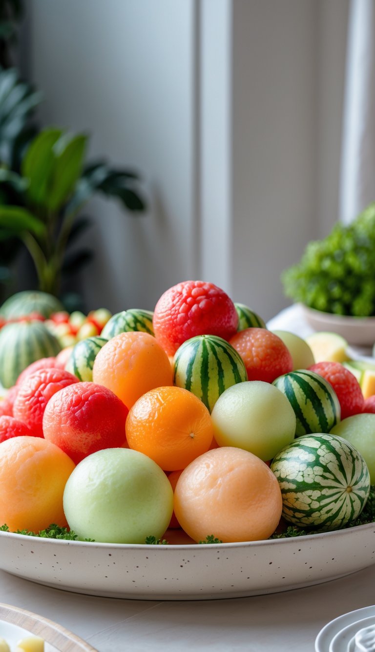 A platter filled with neatly arranged watermelon, cantaloupe, and honeydew melon balls.