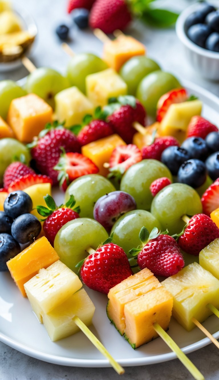 A platter of colorful fruit skewers with grapes, melon, pineapple, and mixed berries arranged in a rainbow pattern.