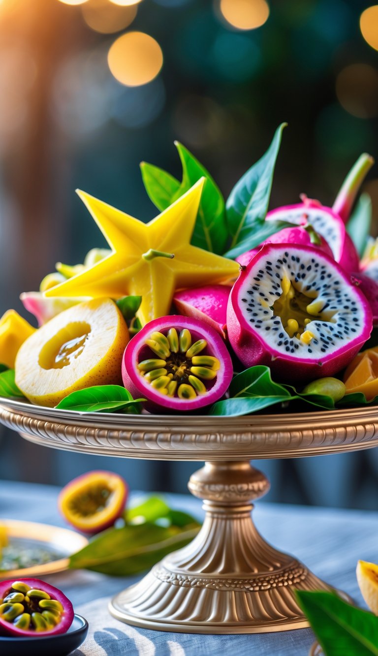 A fresh fruit platter with starfruit, dragon fruit, and passionfruit arranged on a serving tray.