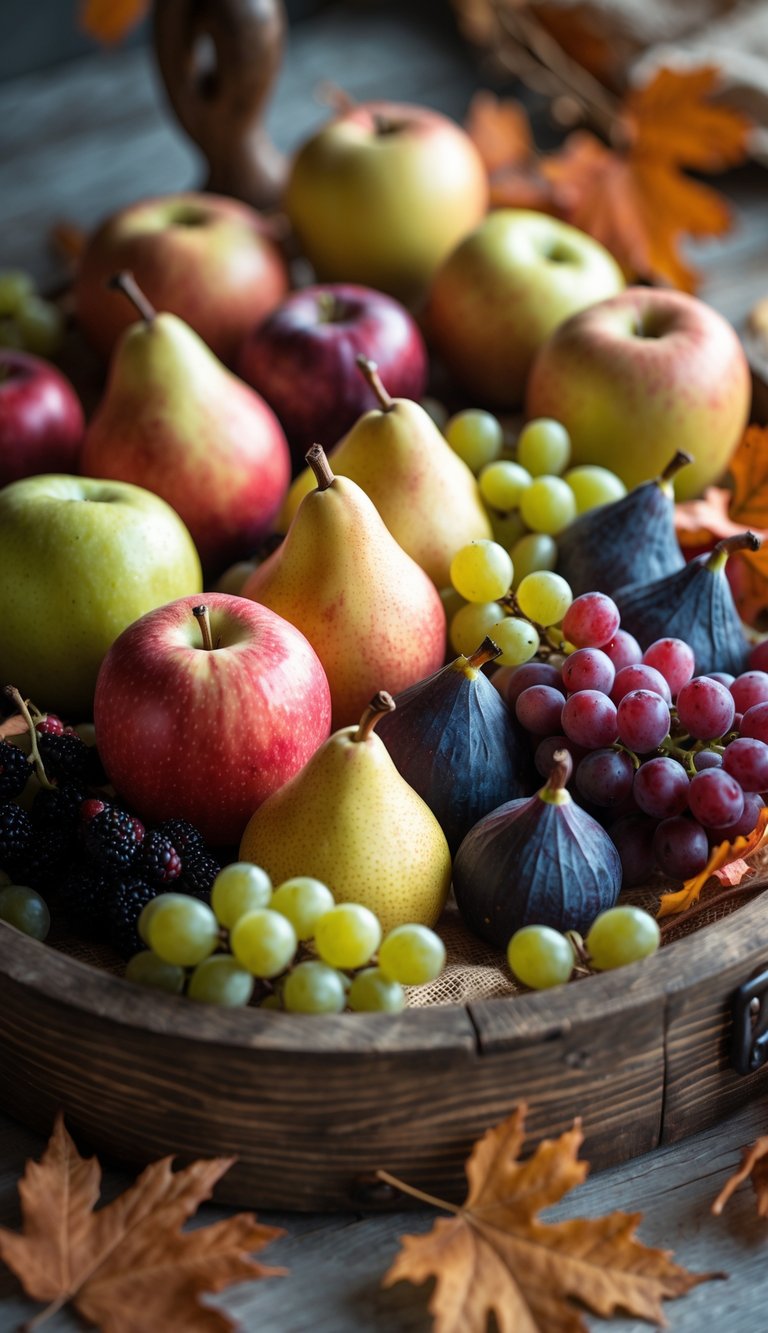 A fall harvest tray with apples, pears, figs, and grapes arranged on a wooden tray with autumn leaves.