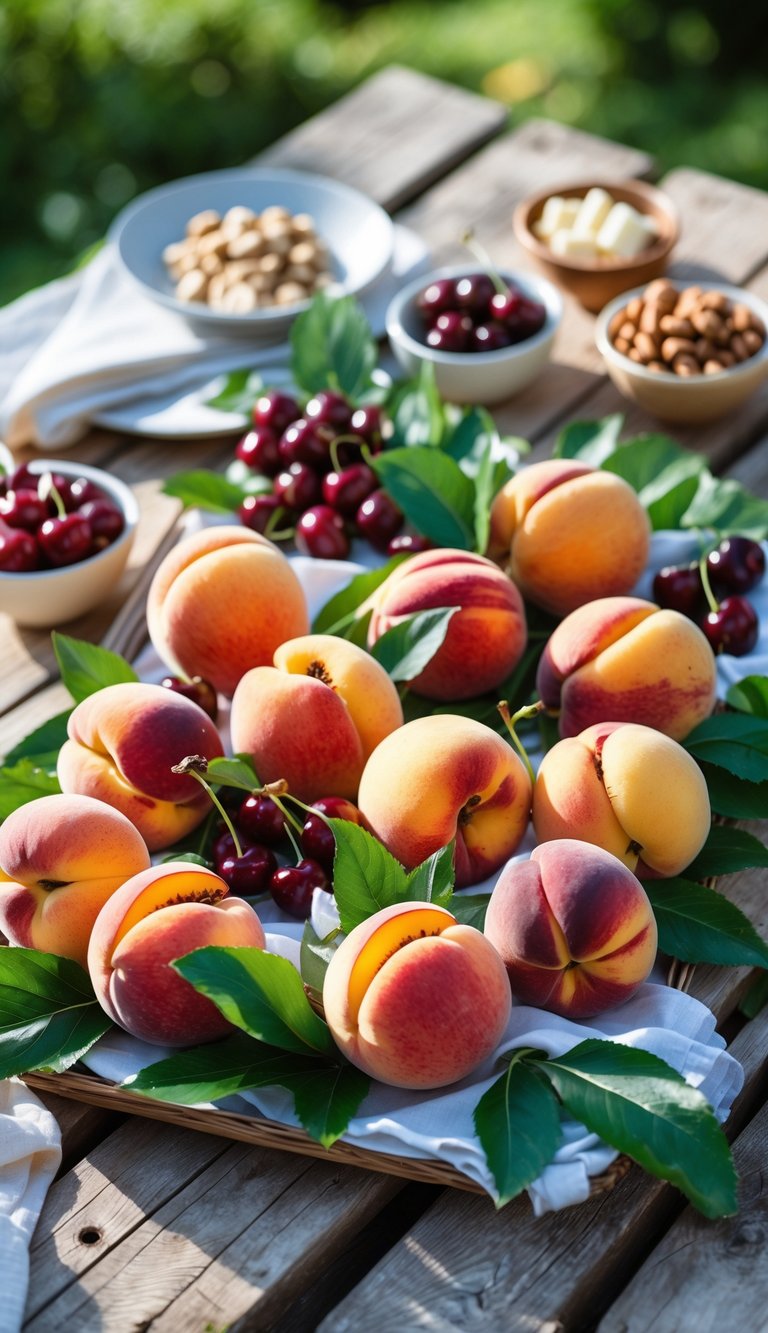 A summer picnic platter with peaches, nectarines, and cherries arranged on a wooden table outdoors.
