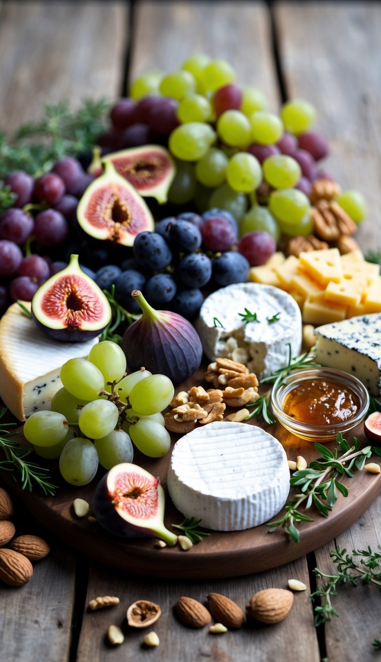 A fruit and cheese board with grapes, sliced figs, assorted cheeses, nuts, and herbs arranged on a wooden surface.