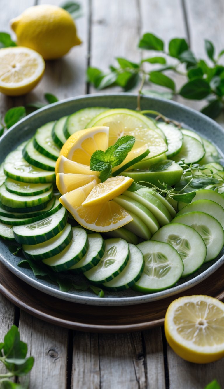 A platter with sliced cucumber, green apple, and lemon arranged on a wooden surface.