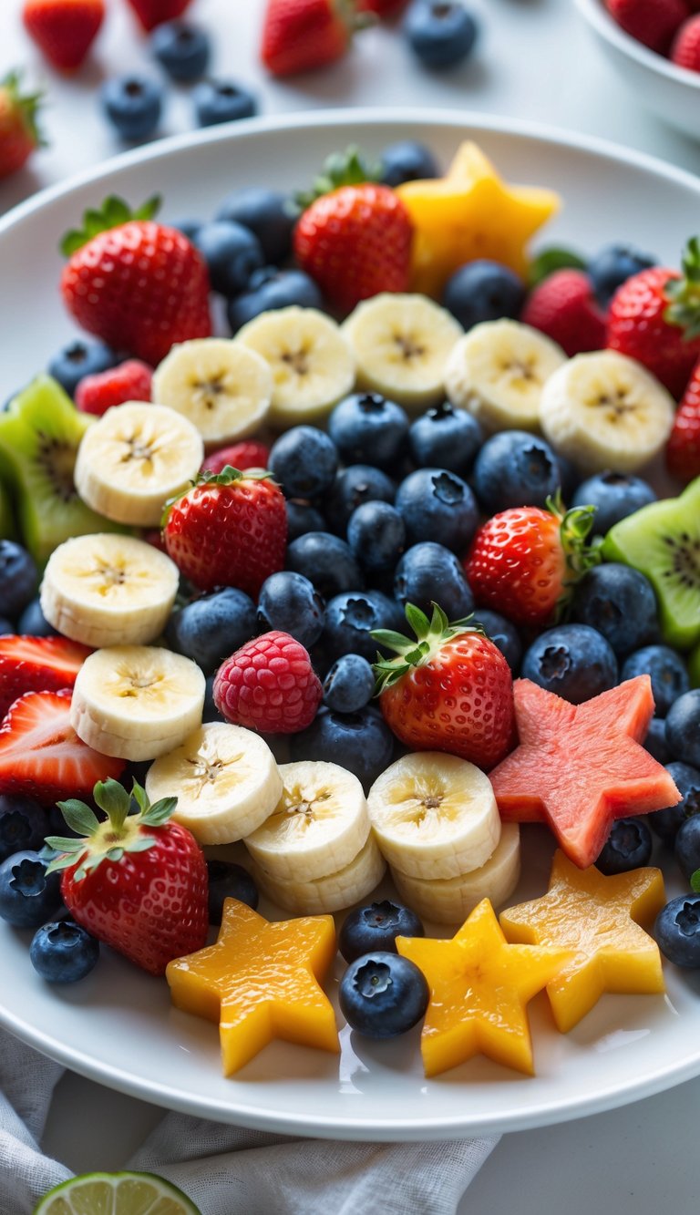 A colorful fruit platter shaped with banana slices, star-shaped melon pieces, and assorted berries on a white plate.