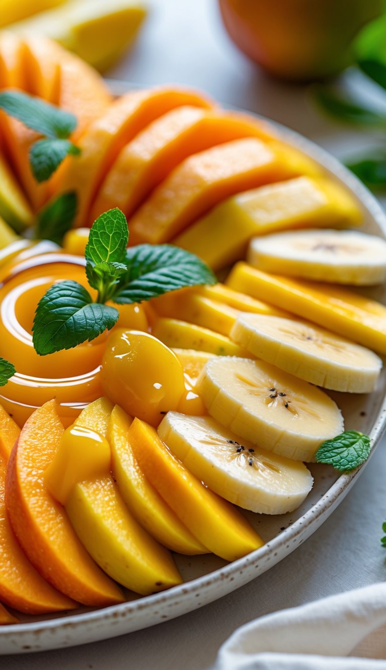 A colorful fruit platter with sliced papaya, banana, and mango arranged on a white plate with mint leaves.