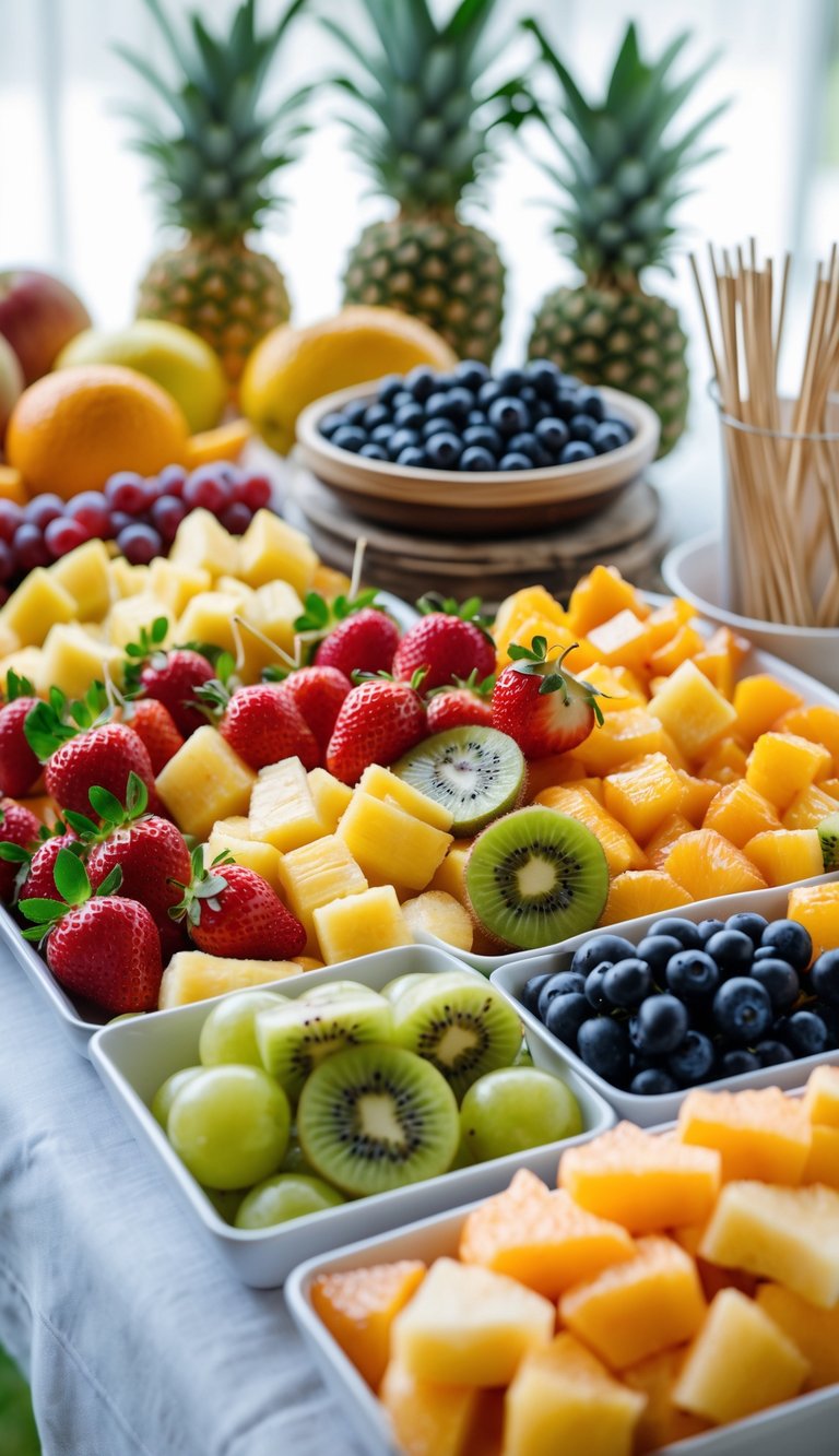 A DIY fruit kabob station with assorted seasonal fruits and wooden skewers arranged on a table.