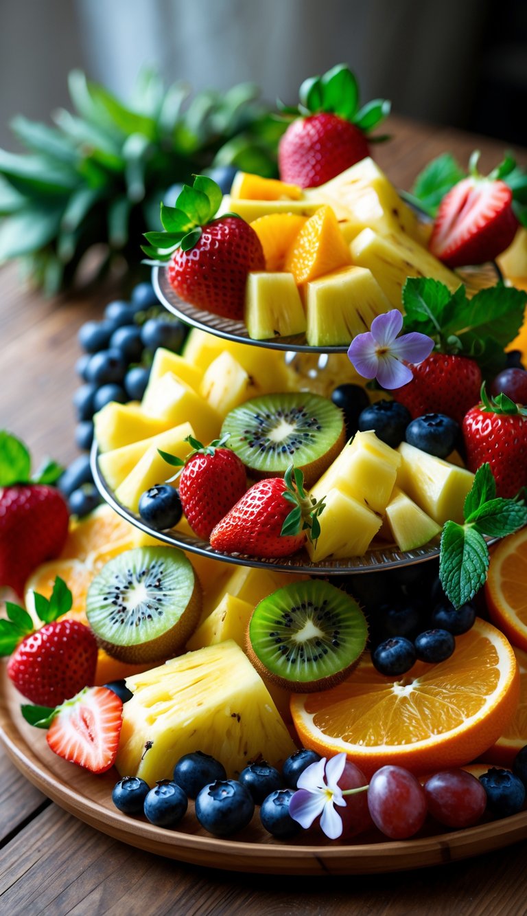 A colorful fruit platter with sliced strawberries, kiwi, pineapple, blueberries, grapes, and orange segments arranged on a wooden table.