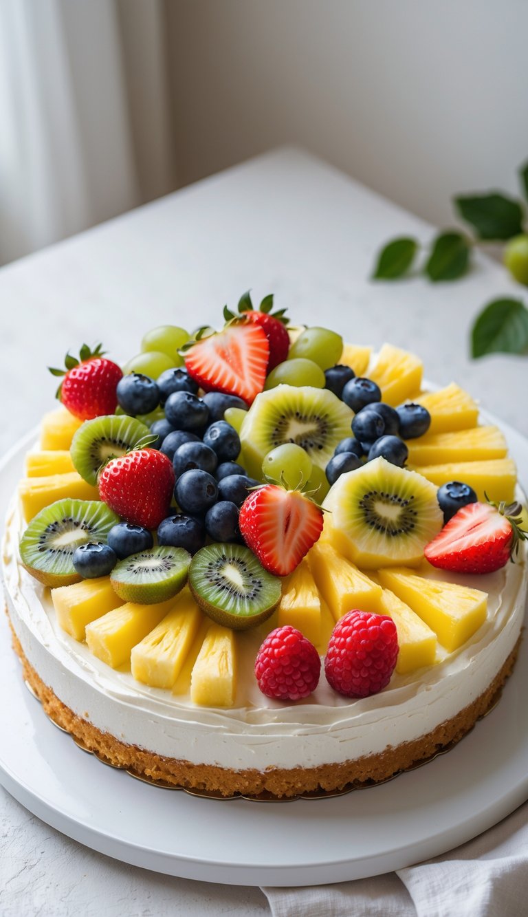 10 Fruit Platter Cake Ideas to Brighten Your Celebrations 1 A fruit platter cake topped with an assortment of fresh fruits including strawberries, kiwi, blueberries, raspberries, pineapple, and grapes on a white surface.