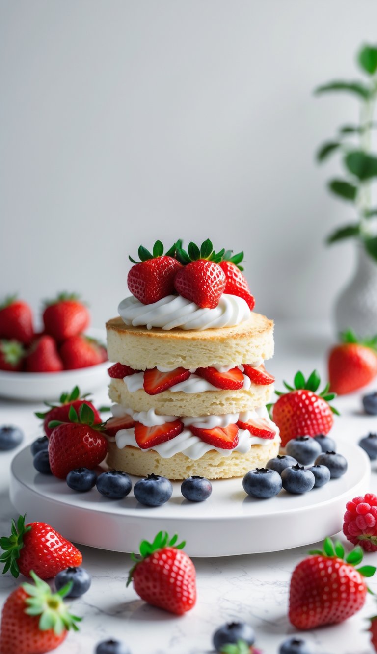 10 Fruit Platter Cake Ideas to Brighten Your Celebrations 2 A classic strawberry shortcake topped with fresh strawberries, surrounded by a variety of fresh berries on a white platter.