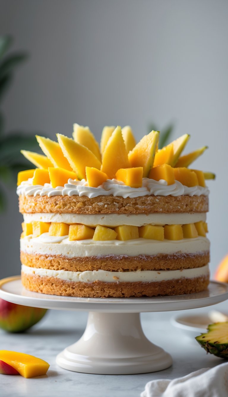 10 Fruit Platter Cake Ideas to Brighten Your Celebrations 3 A layered cake topped with fresh mango and pineapple slices on a white cake stand.