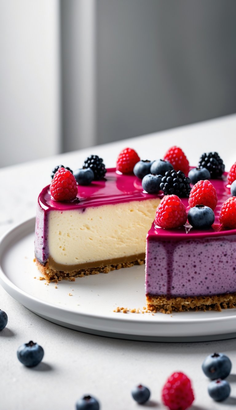 10 Fruit Platter Cake Ideas to Brighten Your Celebrations 4 A slice of mixed berry cheesecake with raspberry glaze on a white plate, surrounded by fresh raspberries, blueberries, and blackberries.