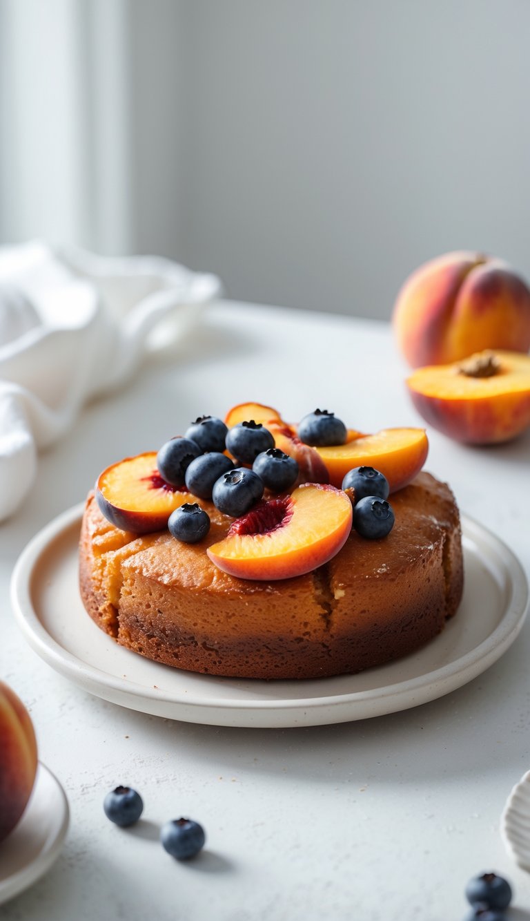 10 Fruit Platter Cake Ideas to Brighten Your Celebrations 5 A peach and blueberry upside-down cake on a white plate with caramelized fruit on top.