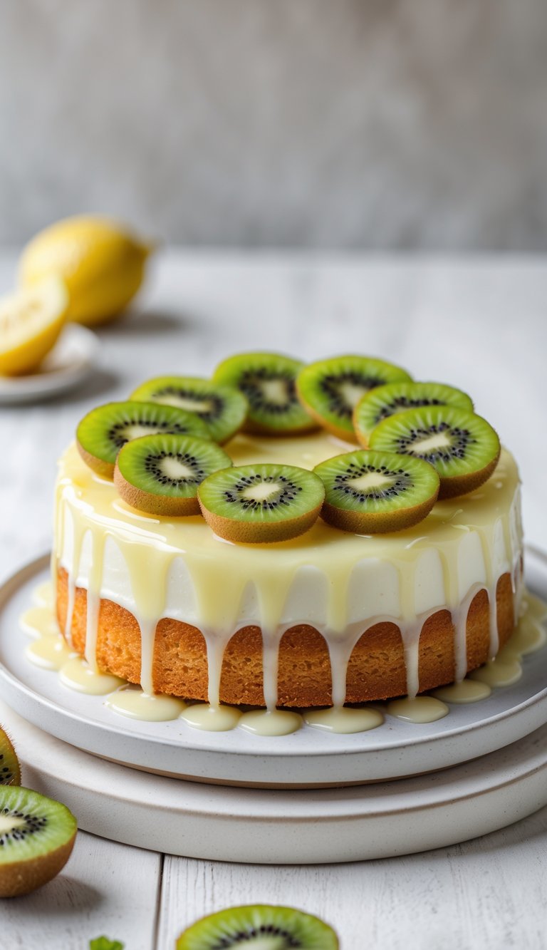 10 Fruit Platter Cake Ideas to Brighten Your Celebrations 6 A lemon drizzle cake topped with neatly arranged kiwi slices on a white plate.