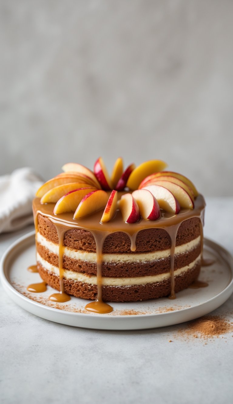 10 Fruit Platter Cake Ideas to Brighten Your Celebrations 7 A close-up of an apple cinnamon cake topped with caramel and fresh fruit on a white plate.