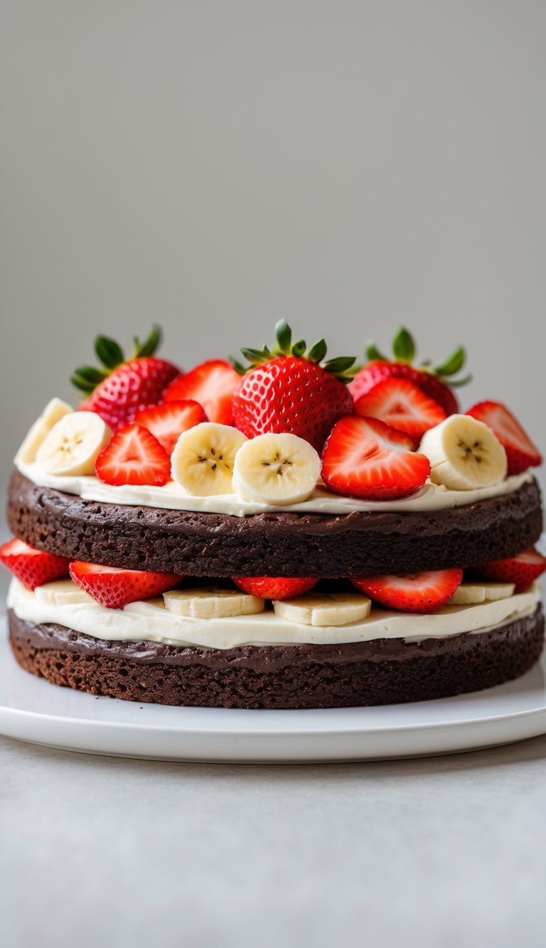 10 Fruit Platter Cake Ideas to Brighten Your Celebrations 8 A chocolate cake with layers of strawberries and bananas on a white plate against a plain background.