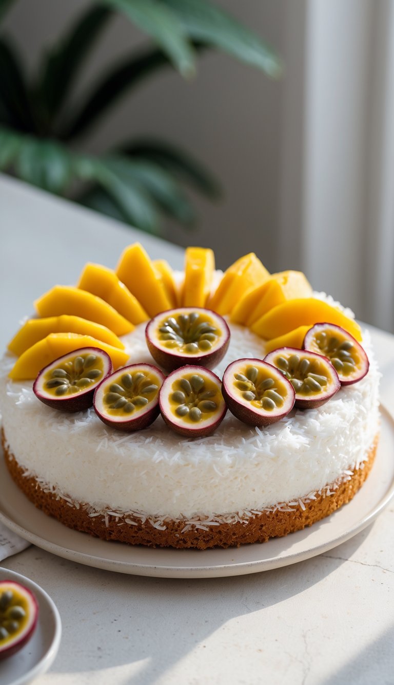 10 Fruit Platter Cake Ideas to Brighten Your Celebrations 9 A coconut cake topped with passion fruit pulp and mango slices on a white plate against a light background.