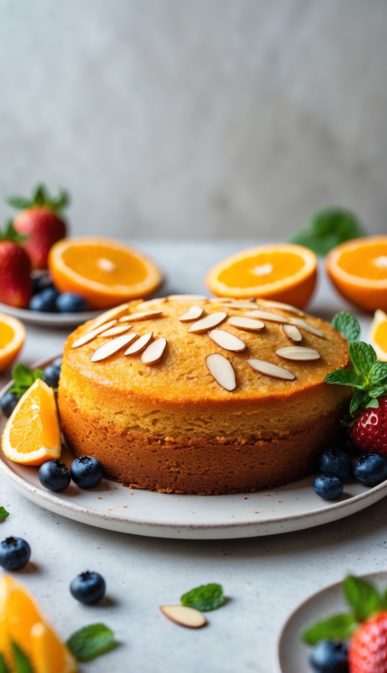 10 Fruit Platter Cake Ideas to Brighten Your Celebrations 10 An orange almond cake on a white plate garnished with fresh orange slices, strawberries, blueberries, and mint leaves.