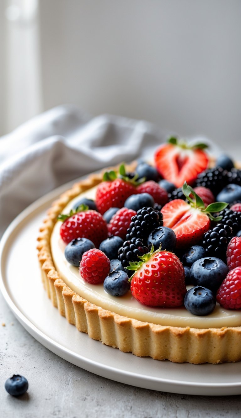 10 Fruit Platter Cake Ideas to Brighten Your Celebrations 11 Close-up of a berry and cream fruit tart cake with assorted fresh berries on a white plate.