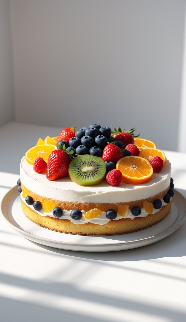 10 Fruit Platter Cake Ideas to Brighten Your Celebrations 12 A fruit platter cake decorated with sliced strawberries, kiwi, blueberries, raspberries, and orange segments on a white plate.