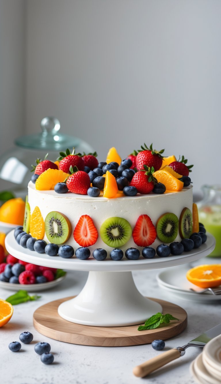 10 Fruit Platter Cake Ideas to Brighten Your Celebrations 13 A fruit platter cake decorated with fresh strawberries, kiwi, blueberries, raspberries, and orange slices on a white cake stand with a glass cover in a bright, clean setting.